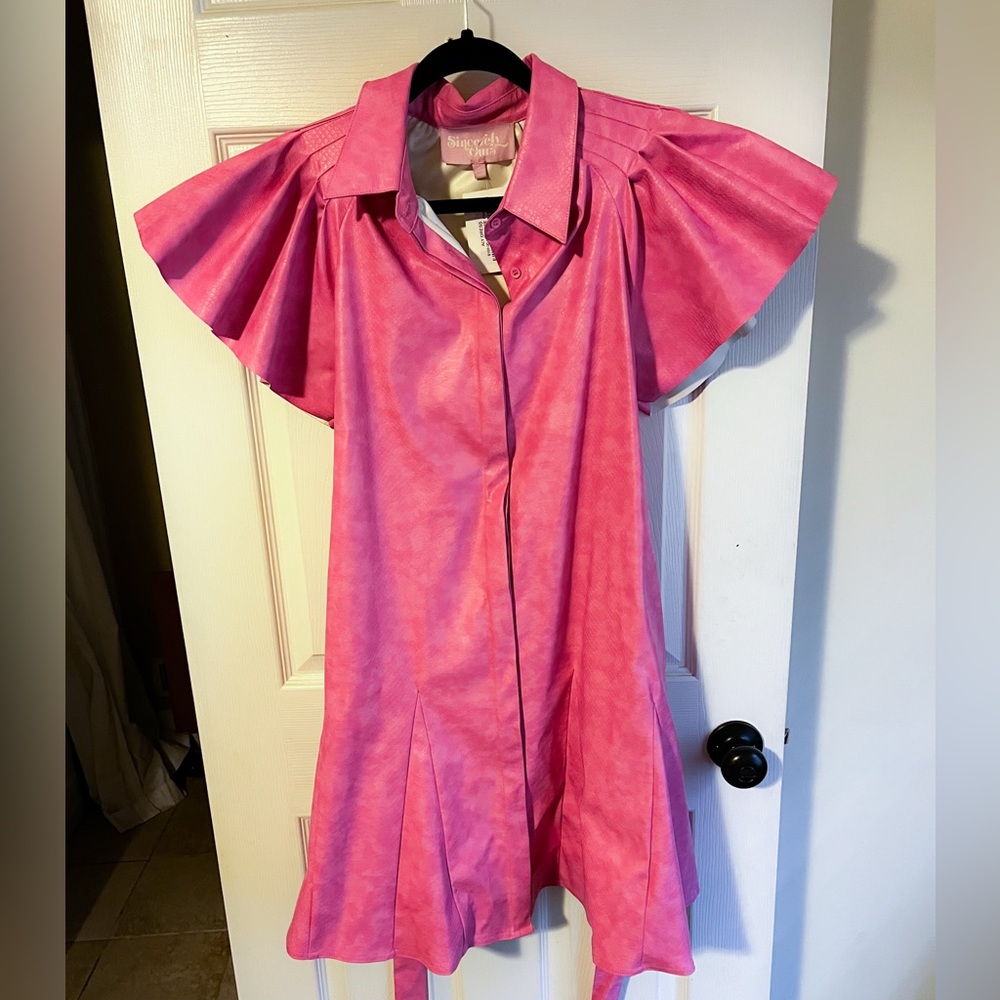 Pink faux leather mini dress